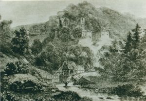 Das romantische Diemersteiner Tal mit Ruine um 1852. Unterhalb der Burg, die neue Eymann‘sche Mühle (Fertigstellungjahr 1830)